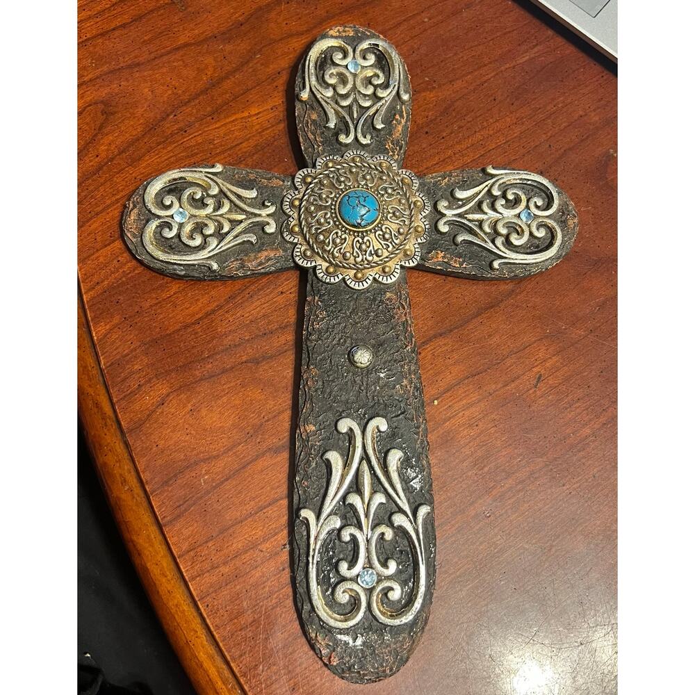 Rainbow inc 11”x7” Cross brown silver turquoise and blue rhinestones religion
